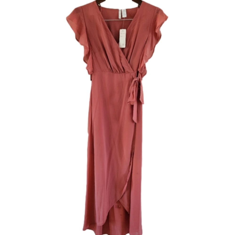 NWT Japna Mauve Tie Waist Silky Wrap Style Chiffon Maxi Dress Size-XSmall